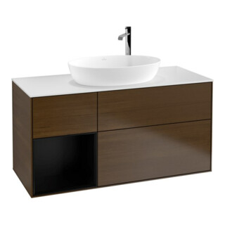 V&B Meuble sous lavabo Finion 120 cm, blanc mat, tiroir bleu mat laqué, noyer veinée