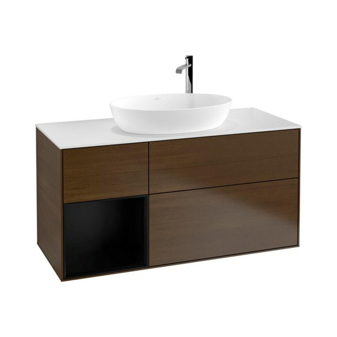 V&B Meuble sous lavabo Finion 120 cm, blanc mat, tiroir bleu mat laqué, noyer veinée