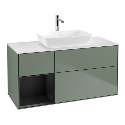 V&B Meuble sous lavabo Finion 120 cm, blanc mat, tiroir bleu mat laqué, olivier mat laqué