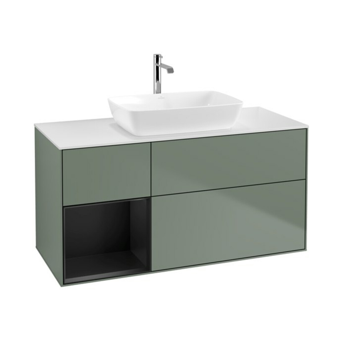 V&B Meuble sous lavabo Finion 120 cm, blanc mat, tiroir bleu mat laqué, olivier mat laqué