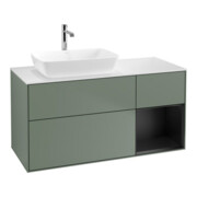 V&B Meuble sous lavabo Finion 120 cm, blanc mat, tiroir bleu mat laqué, olivier mat laqué