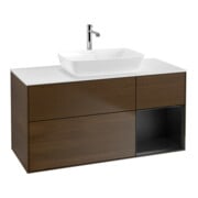 V&B Meuble sous lavabo Finion 120 cm, blanc mat, tiroir bleu mat, noyer veinuré