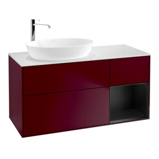 V&B Meuble sous lavabo Finion 120 cm, blanc mat, tiroir bleu mat, poignée métal
