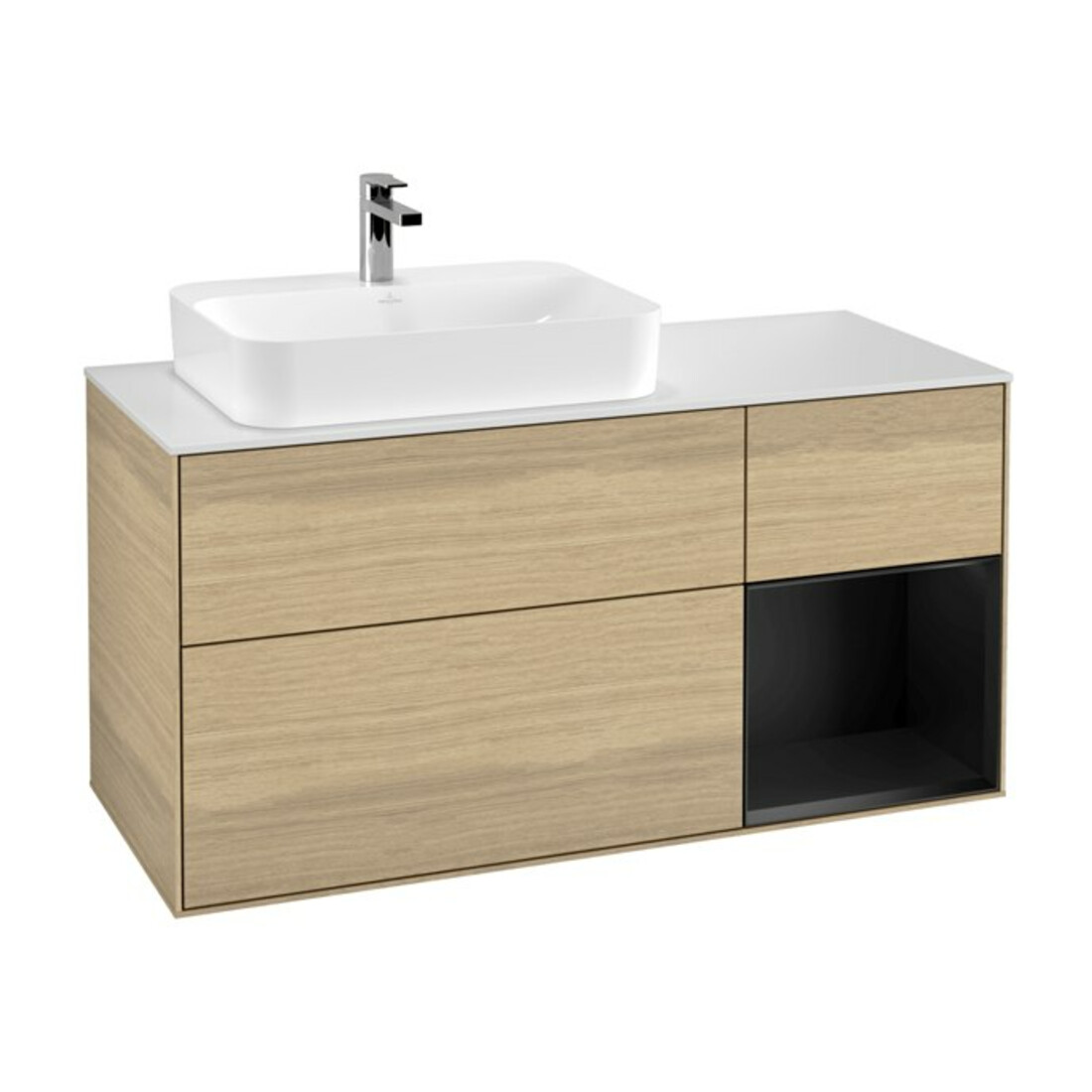 V&B Meuble sous lavabo Finion 120 cm, blanc mat, tiroir bleu mat, poignée ven