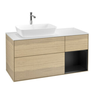 V&B Meuble sous-lavabo Finion 120 cm, blanc mat, tiroir bleu mat, poignées ven
