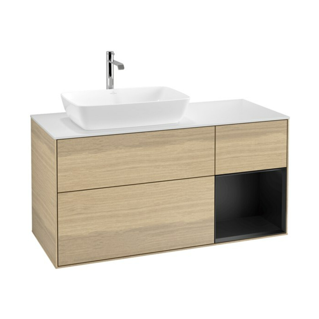 V&B Meuble sous-lavabo Finion 120 cm, blanc mat, tiroir bleu mat, poignées ven