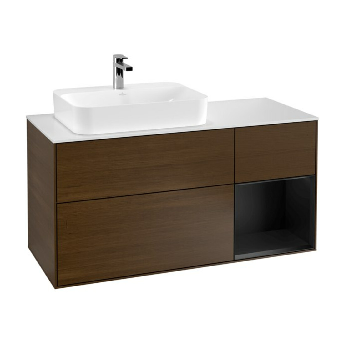 V&B Meuble sous lavabo Finion 120 cm, blanc mat, tiroir droit, bleu mat laqué, noyer veinée