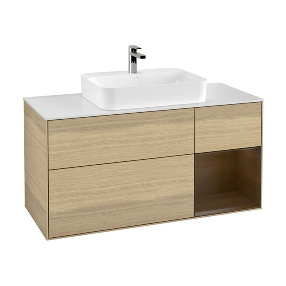 V&B Meuble sous lavabo Finion 120 cm, blanc mat, tiroir droit, façade noyer veneer