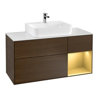V&B Meuble sous lavabo Finion 120 cm, blanc mat, tiroir droit, noyer veinée