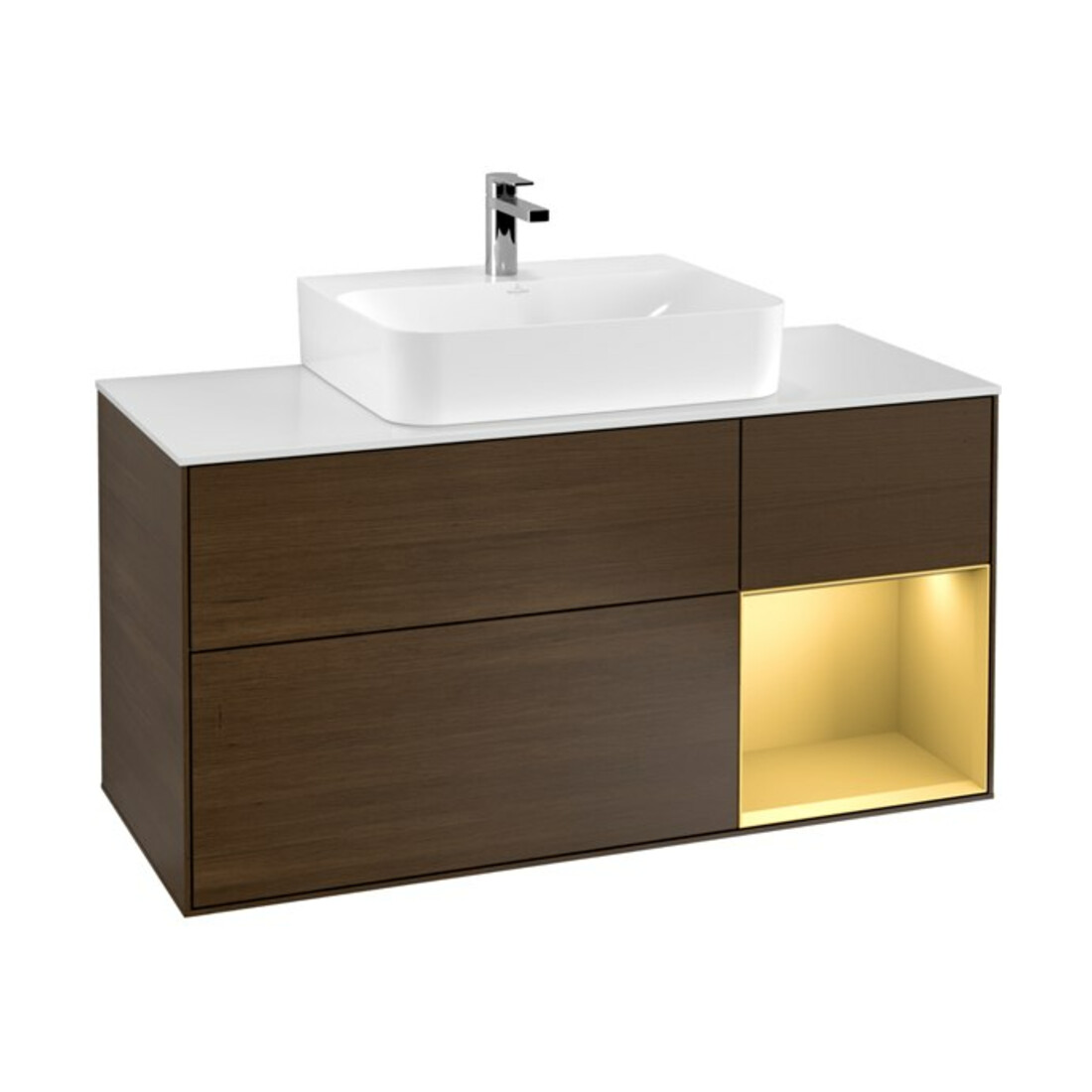 V&B Meuble sous lavabo Finion 120 cm, blanc mat, tiroir droit, noyer veinée