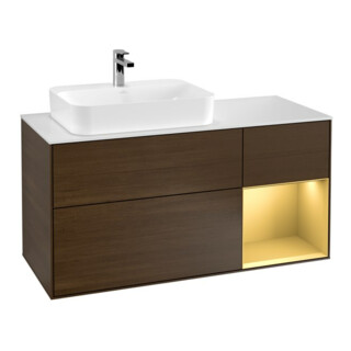 V&B Meuble sous lavabo Finion 120 cm, blanc mat, tiroir droit, noyer veinée