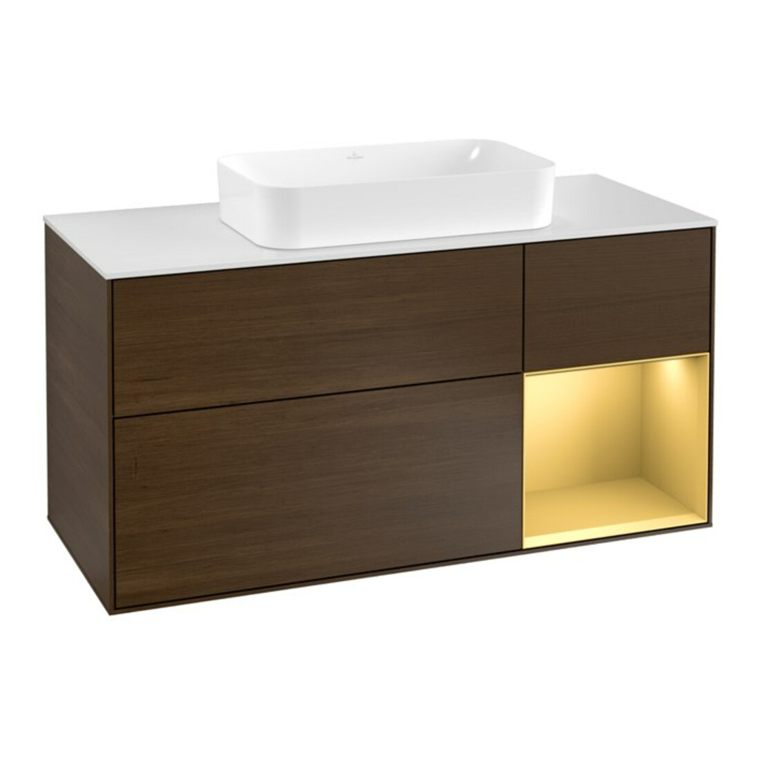 V&B Meuble sous-lavabo Finion 120 cm, blanc mat, tiroir droit, noyer veinée