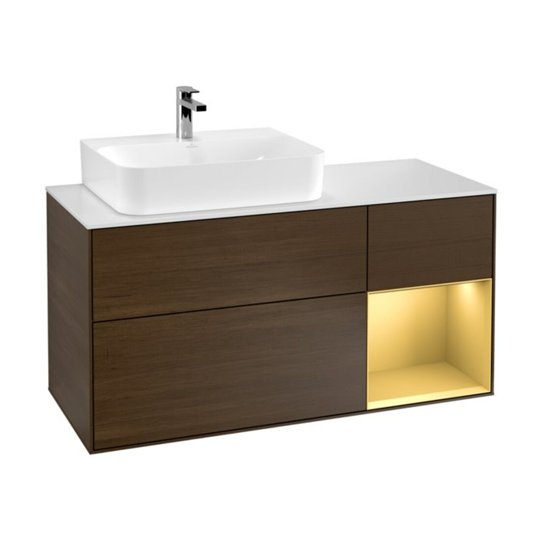 V&B Meuble sous-lavabo Finion 120 cm, blanc mat, tiroir droit, noyer veinée