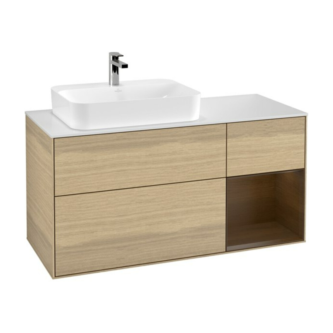 V&B Meuble sous-lavabo Finion 120 cm, blanc mat, tiroir droit noyer veinée, façade veinée