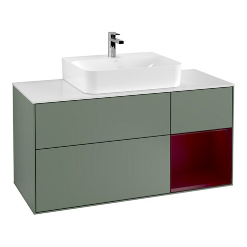 V&B Meuble sous lavabo Finion 120 cm, blanc mat, tiroir droit Peo, poignée laquée