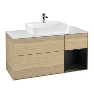 V&B Meuble sous lavabo Finion 120 cm, blanc mat, tiroir droite bleu mat, éclairage mural