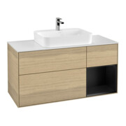 V&B Meuble sous lavabo Finion 120 cm, blanc mat, tiroir droite bleu mat, éclairage mural