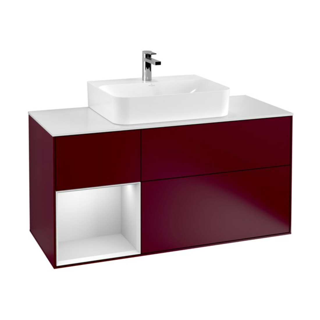 V&B Meuble sous lavabo Finion 120 cm, blanc mat, tiroir gauche blanc mat, poignée métal