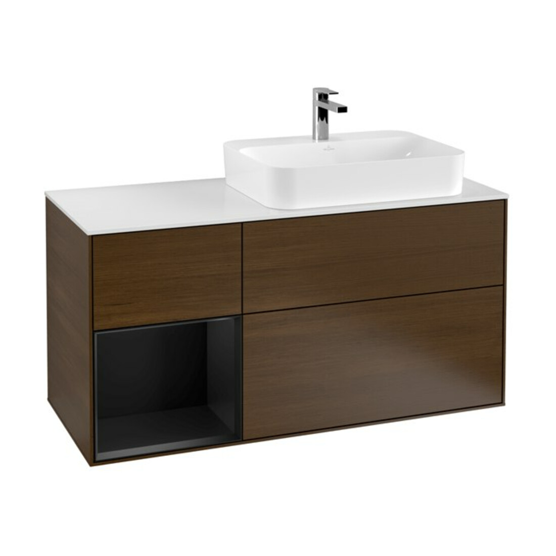 V&B Meuble sous lavabo Finion 120 cm, blanc mat, tiroir gauche, bleu mat laqué, noyer veinée