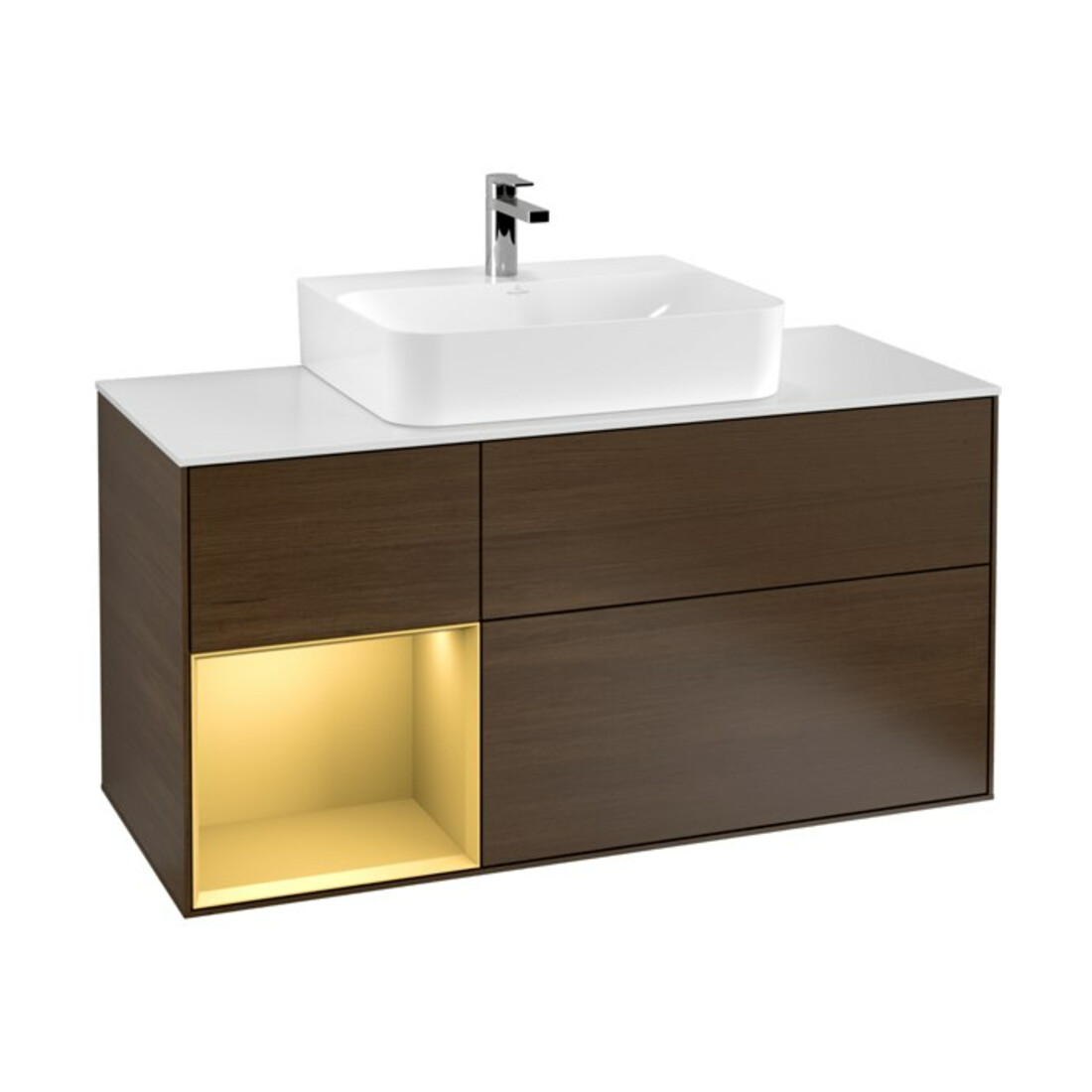 V&B Meuble sous lavabo Finion 120 cm, blanc mat, tiroir gauche, chêne sauvage veneer