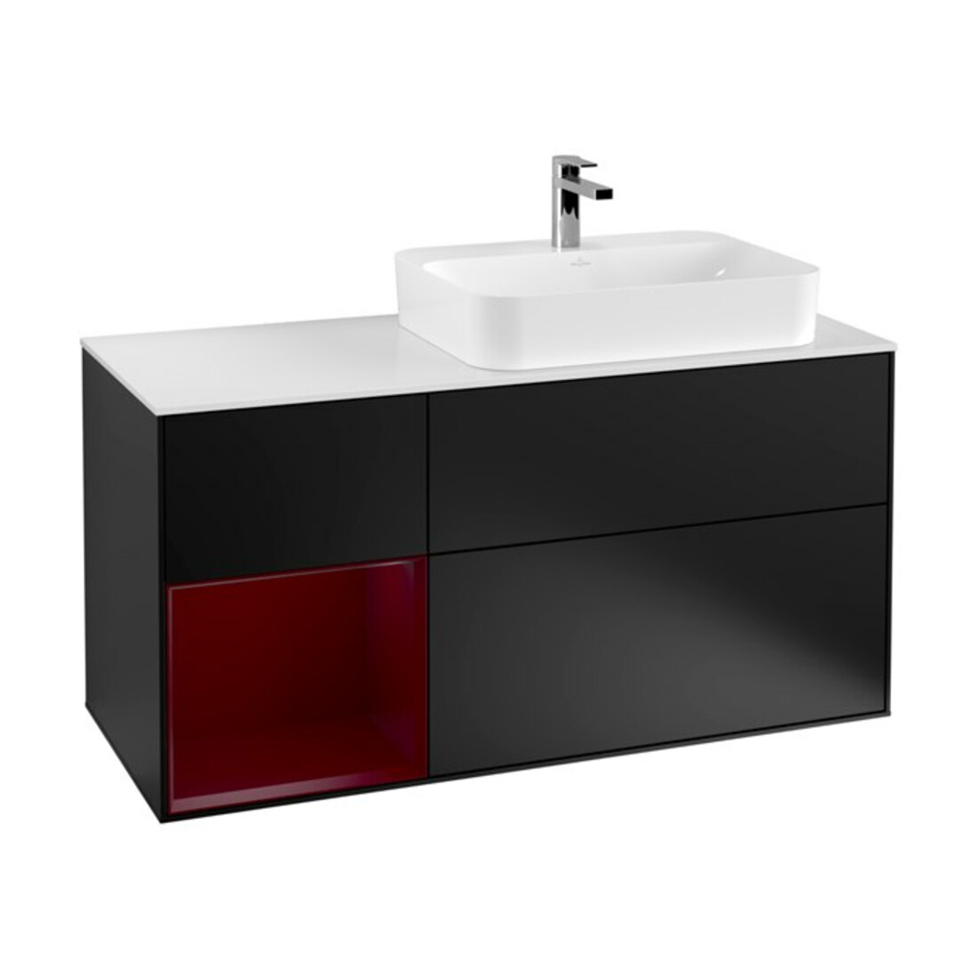 V&B Meuble sous lavabo Finion 120 cm, blanc mat, tiroir gauche, façade bleue laquée