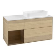 V&B Meuble sous lavabo Finion 120 cm, blanc mat, tiroir gauche, façade noyer