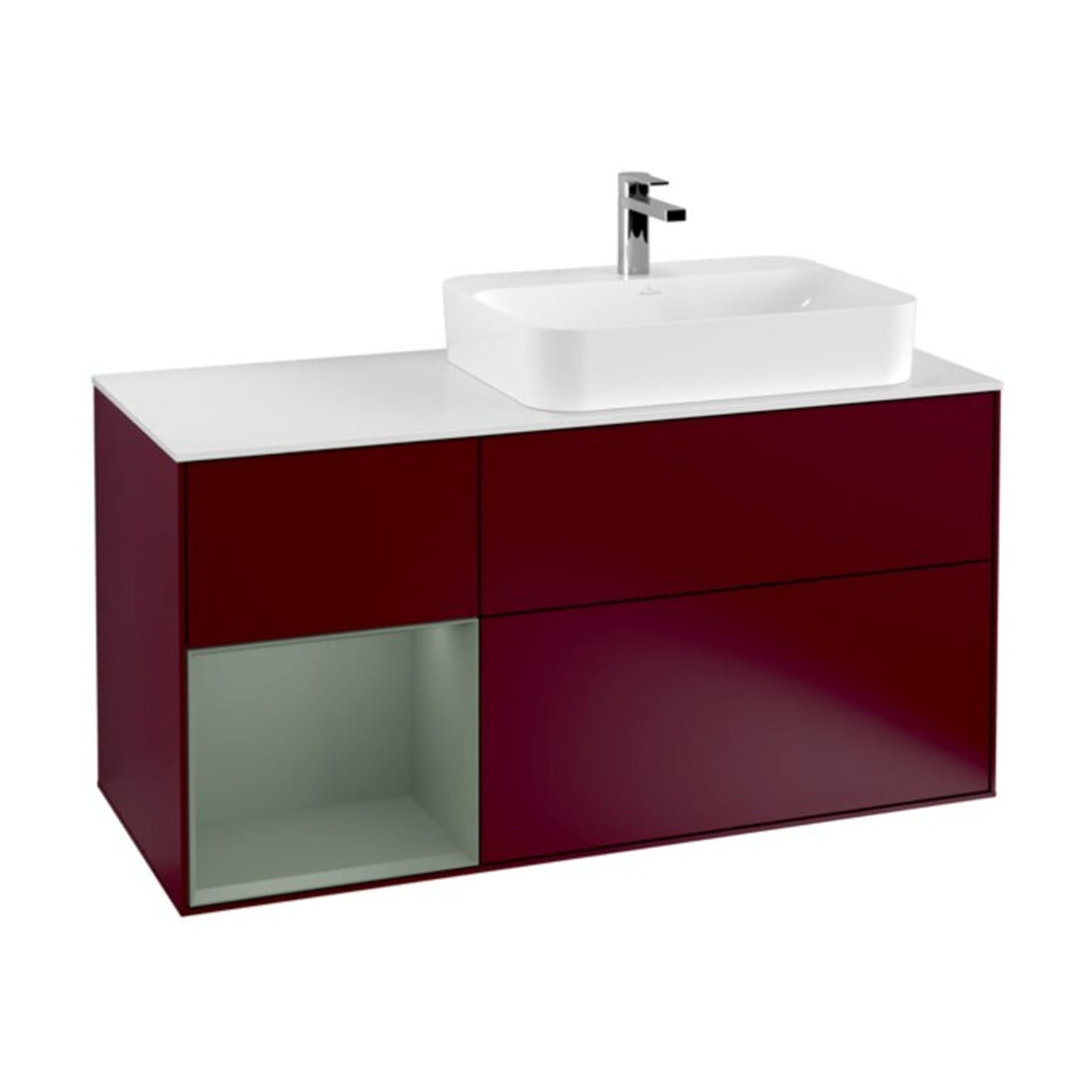 V&B Meuble sous-lavabo Finion 120 cm, blanc mat, tiroir gauche, huile mat, poignée métal
