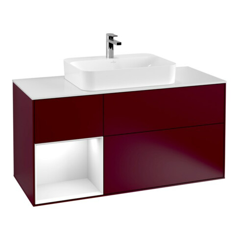 V&B Meuble sous lavabo Finion 120 cm, blanc mat, tiroir gauche, laqué, poignée métal