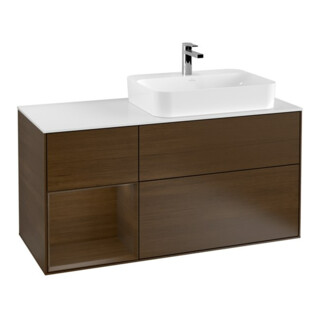 V&B Meuble sous lavabo Finion 120 cm, blanc mat, tiroir gauche, noyer veiné