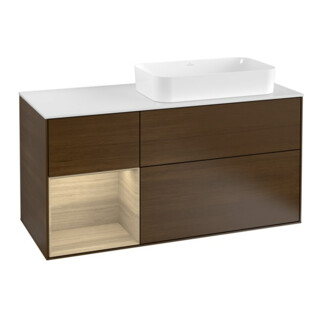 V&B Meuble sous lavabo Finion 120 cm, blanc mat, tiroir gauche, noyer veneer