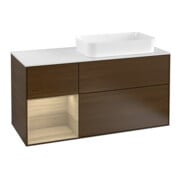 V&B Meuble sous lavabo Finion 120 cm, blanc mat, tiroir gauche, noyer veneer