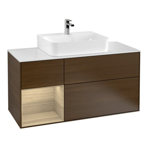 V&B Meuble sous lavabo Finion 120 cm, blanc mat, tiroir gauche, noyer veneer