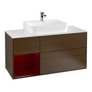 V&B Meuble sous lavabo Finion 120 cm, blanc mat, tiroir gauche, noyer veneer