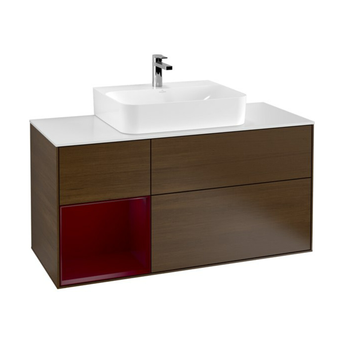 V&B Meuble sous lavabo Finion 120 cm, blanc mat, tiroir gauche, noyer veneer