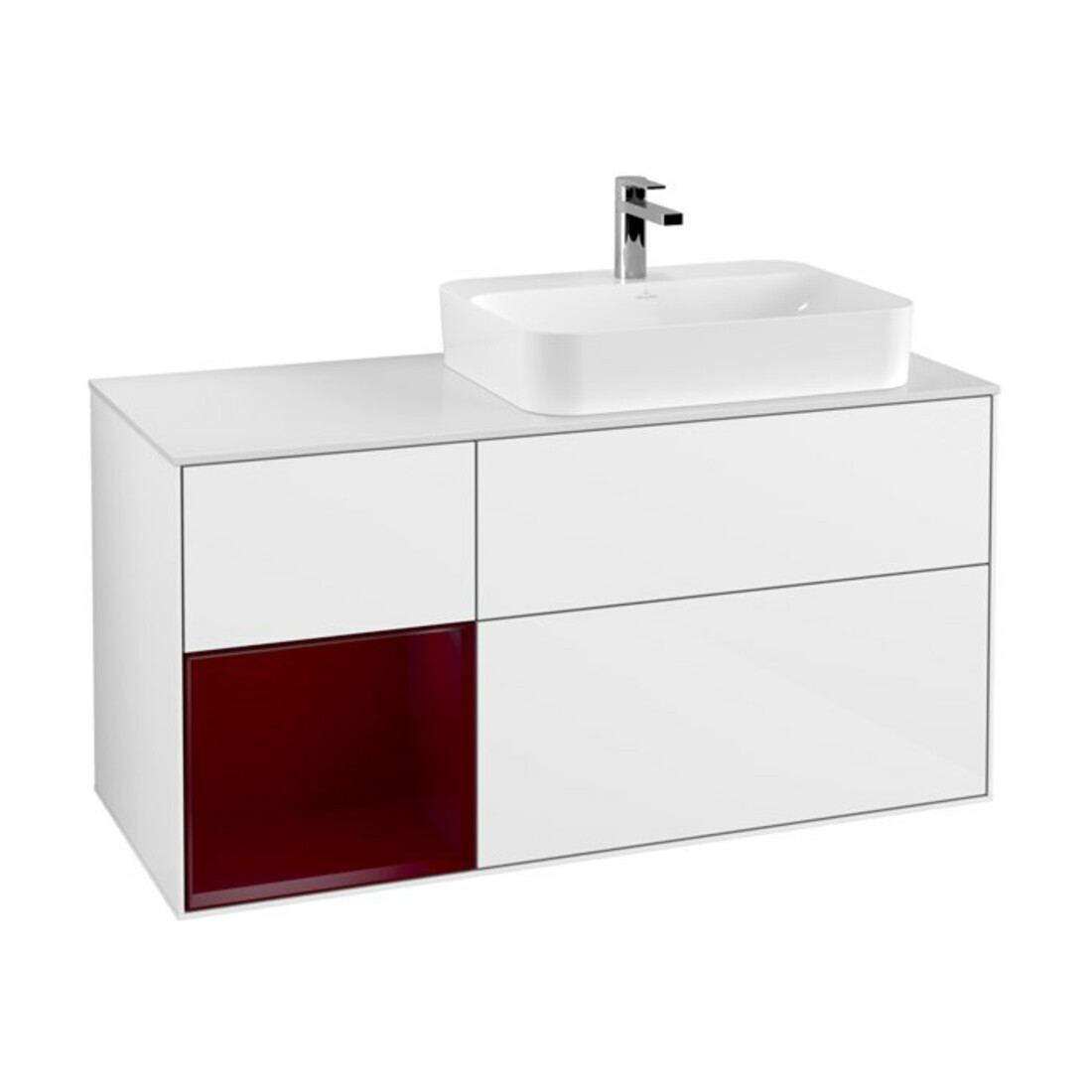 V&B Meuble sous lavabo Finion 120 cm, blanc mat, tiroir gauche Peo, blanc brillant laqué
