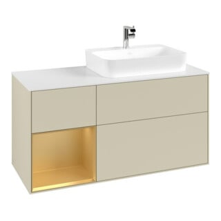 V&B Meuble sous-lavabo Finion 120 cm, blanc mat, tiroir gauche, poignée argent mat Lac
