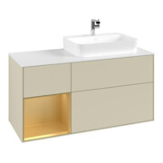 V&B Meuble sous-lavabo Finion 120 cm, blanc mat, tiroir gauche, poignée argent mat Lac