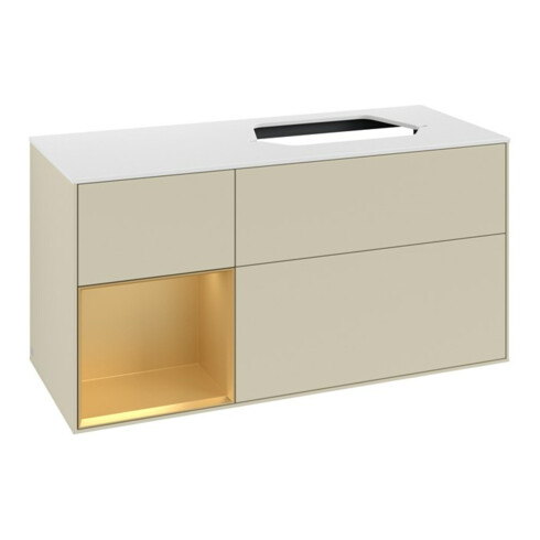 V&B Meuble sous-lavabo Finion 120 cm, blanc mat, tiroir gauche, poignée argent mat Lac