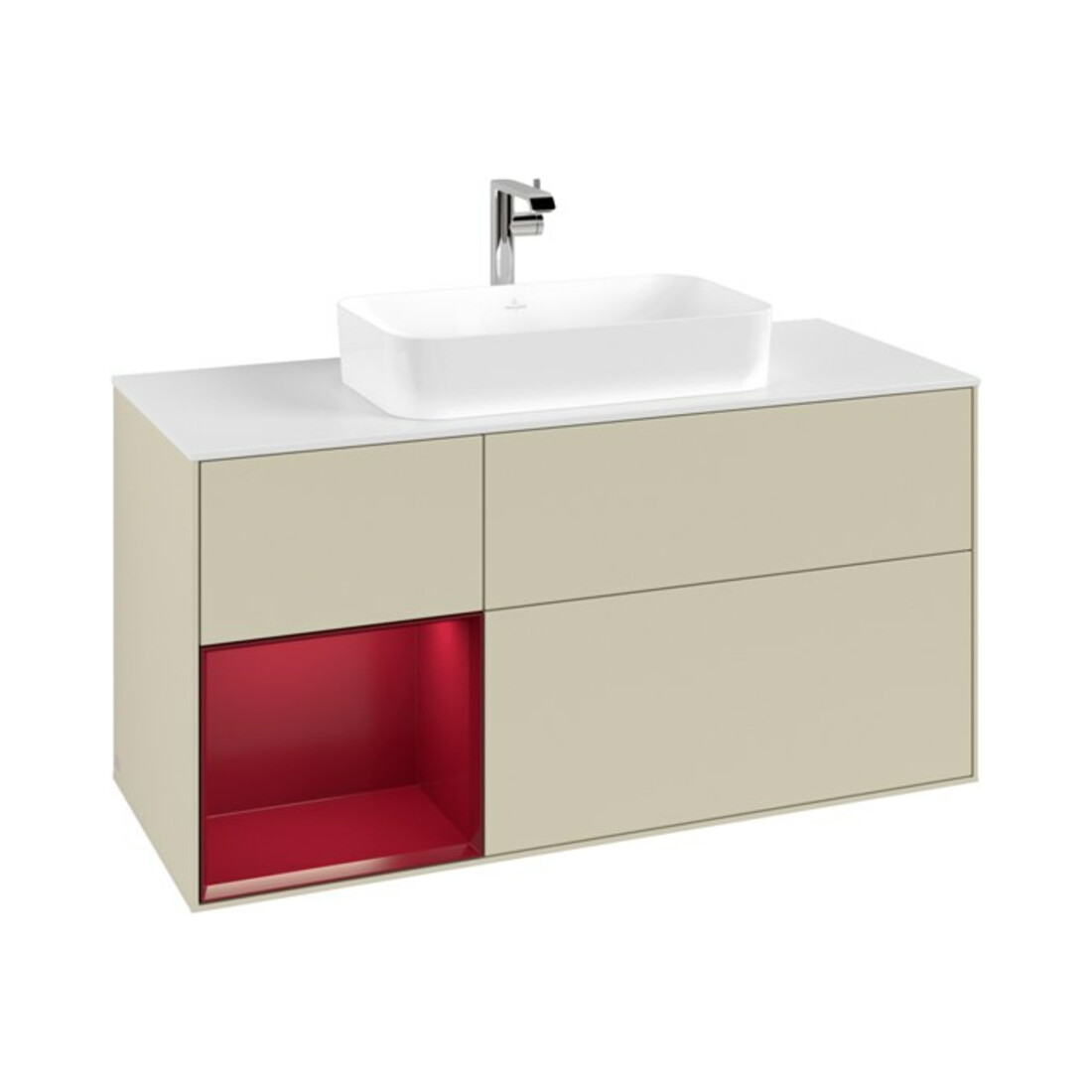 V&B Meuble sous lavabo Finion 120 cm, blanc mat, tiroir gauche, poignée argent mat laqué
