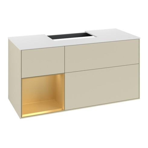 V&B Meuble sous lavabo Finion 120 cm, blanc mat, tiroir gauche, poignée argent mat laqué