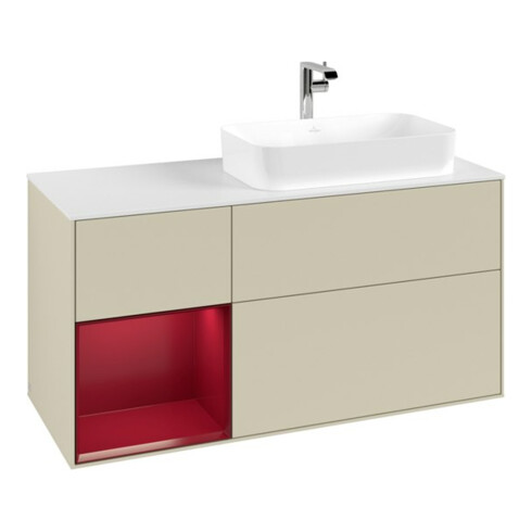 V&B Meuble sous-lavabo Finion 120 cm, blanc mat, tiroir gauche, poignée gris mat laqué