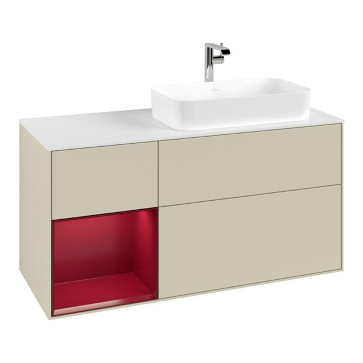 V&B Meuble sous-lavabo Finion 120 cm, blanc mat, tiroir gauche, poignée gris mat laqué