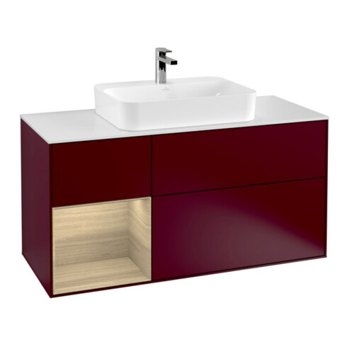 V&B Meuble sous lavabo Finion 120 cm, blanc mat, tiroir gauche, poignée métal