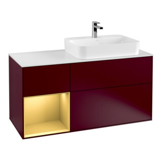 V&B Meuble sous-lavabo Finion 120 cm, blanc mat, tiroir gauche, poignée métal