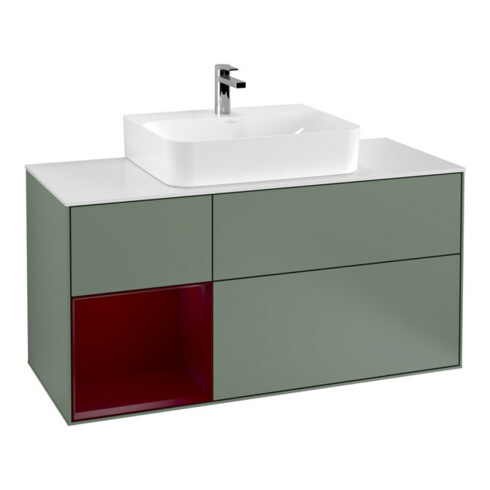 V&B Meuble sous lavabo Finion 120 cm, blanc mat, tiroir gauche, poignée olivier mat