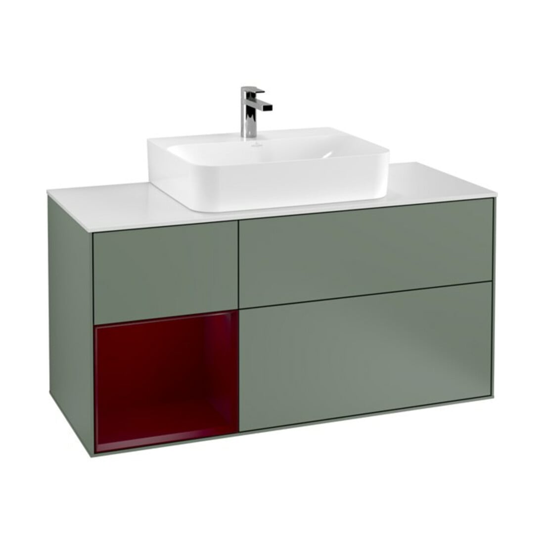 V&B Meuble sous lavabo Finion 120 cm, blanc mat, tiroir gauche, poignée olivier mat