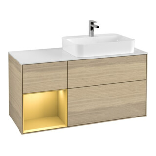 V&B Meuble sous lavabo Finion 120 cm, blanc mat, tiroir gauche, poignée venise