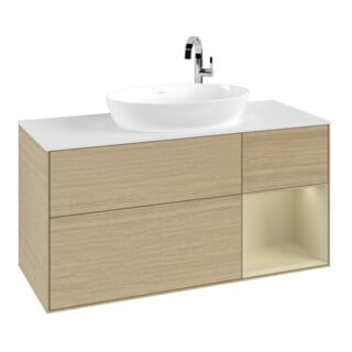 V&B Meuble sous-lavabo Finion 120 cm, blanc mat, tiroir gris mat laqué, ouverture push-to-open
