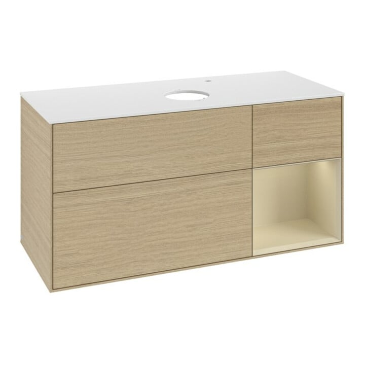 V&B Meuble sous-lavabo Finion 120 cm, blanc mat, tiroir gris mat laqué, ouverture push-to-open