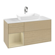 V&B Meuble sous-lavabo Finion 120 cm, blanc mat, tiroir gris mat laqué, poignées aluminium